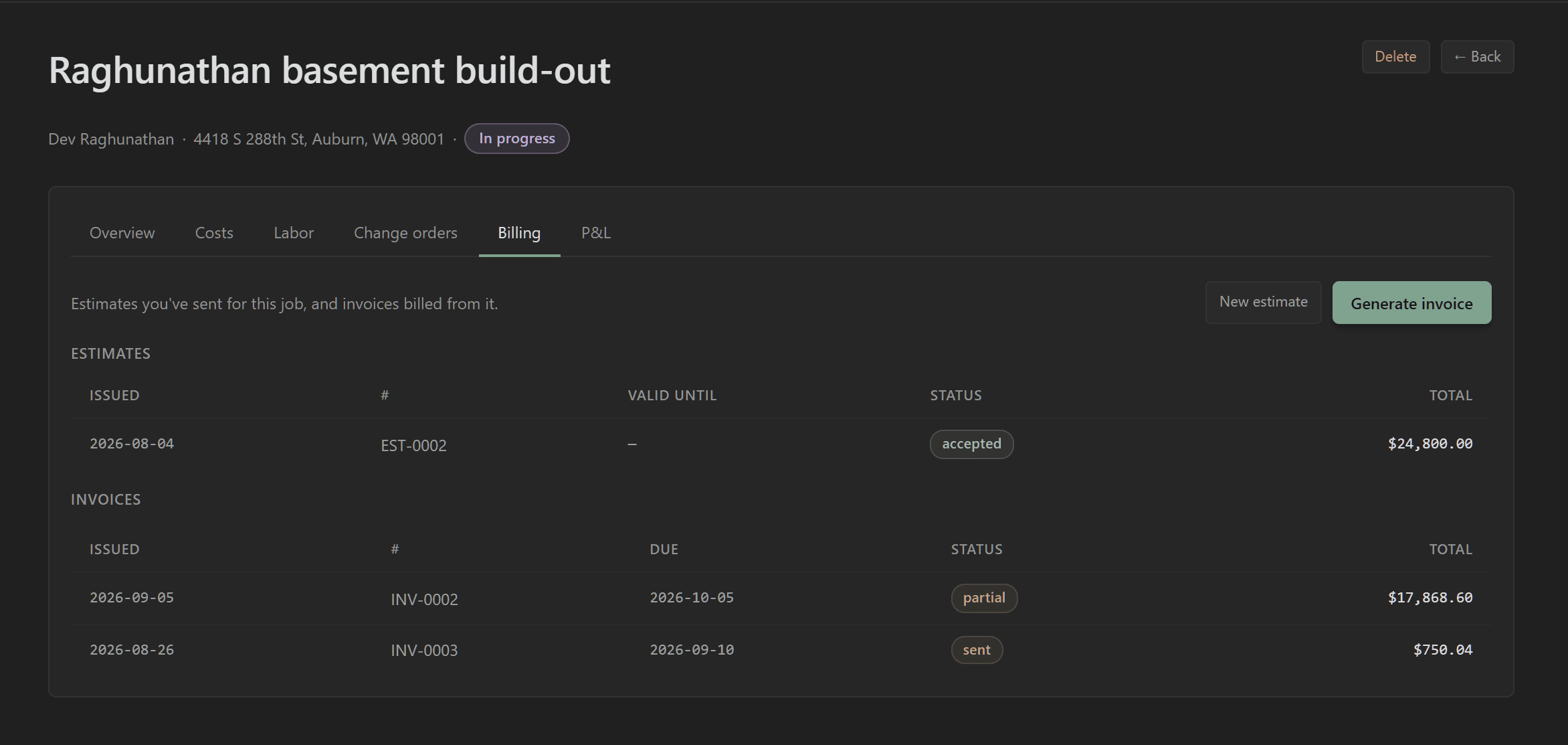 A job’s billing: its accepted estimate and every invoice with status and total, and a Generate invoice button.